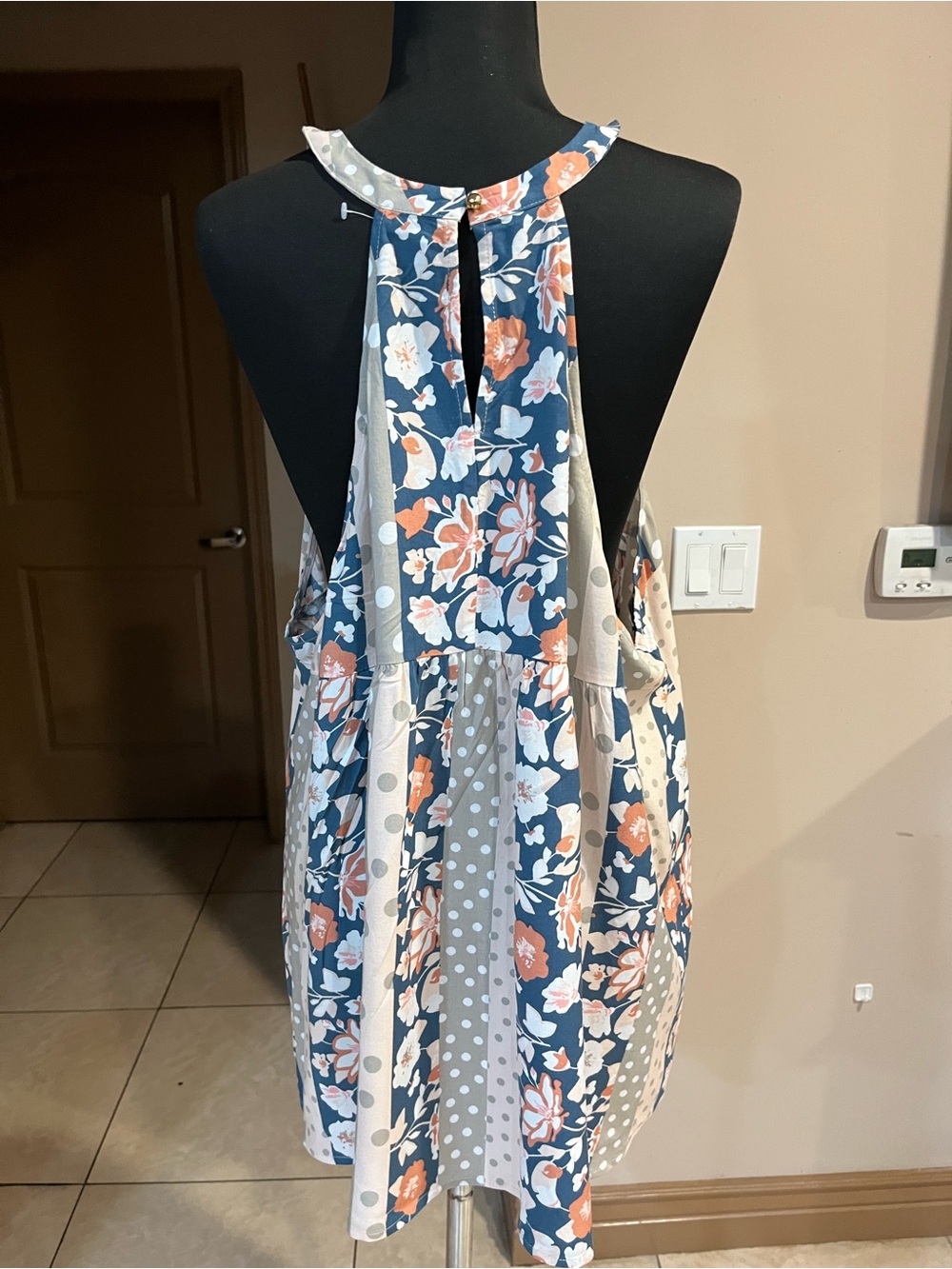 ANDREE BY UNIT Blue Floral & Peach Polka Dot Halter blouse - Picture 3 of 5